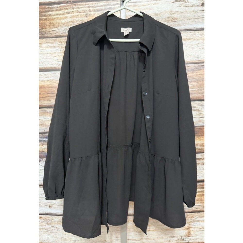 Logo Lori Goldstein Top Womens M Black Button Up Peplum Hem Long Sleeve Blouse